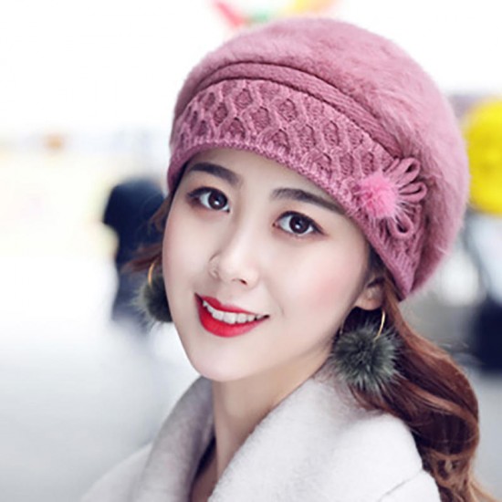 Women Winter Thicken Rabbit Hair Double Layers Beret Hat Vintage Elegant Bow Beanie