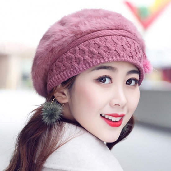 Women Winter Thicken Rabbit Hair Double Layers Beret Hat Vintage Elegant Bow Beanie