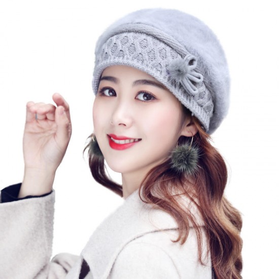 Women Winter Thicken Rabbit Hair Double Layers Beret Hat Vintage Elegant Bow Beanie