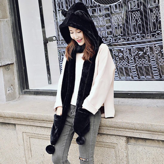 Women Winter Thicken Scarf Wrap Hat Gloves Set One Piece Woolen Warm Ourdoors Long Hooded Scarf