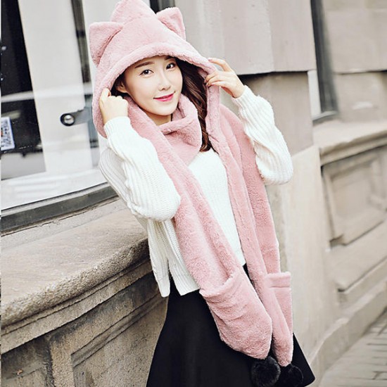 Women Winter Thicken Scarf Wrap Hat Gloves Set One Piece Woolen Warm Ourdoors Long Hooded Scarf