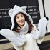 Women Winter Thicken Scarf Wrap Hat Gloves Set One Piece Woolen Warm Ourdoors Long Hooded Scarf