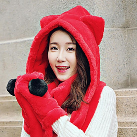 Women Winter Thicken Scarf Wrap Hat Gloves Set One Piece Woolen Warm Ourdoors Long Hooded Scarf