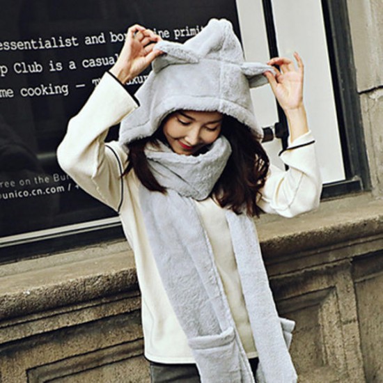 Women Winter Thicken Scarf Wrap Hat Gloves Set One Piece Woolen Warm Ourdoors Long Hooded Scarf