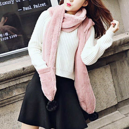 Women Winter Thicken Scarf Wrap Hat Gloves Set One Piece Woolen Warm Ourdoors Long Hooded Scarf