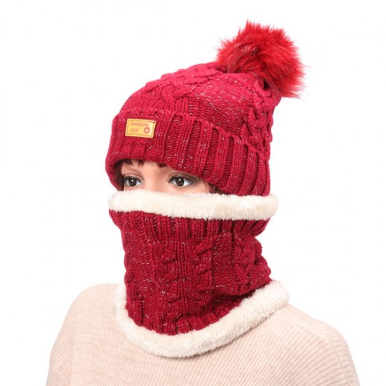 Women Winter Thicken Warm Knitted Hat And Collar Scarf Set Casual Windproof Adjustable Hat