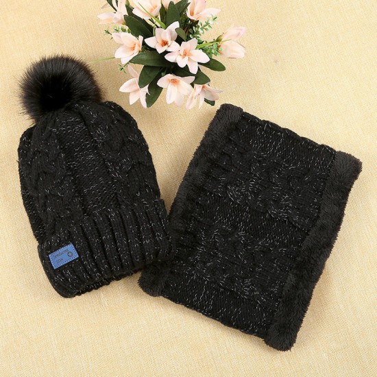 Women Winter Thicken Warm Knitted Hat And Collar Scarf Set Casual Windproof Adjustable Hat