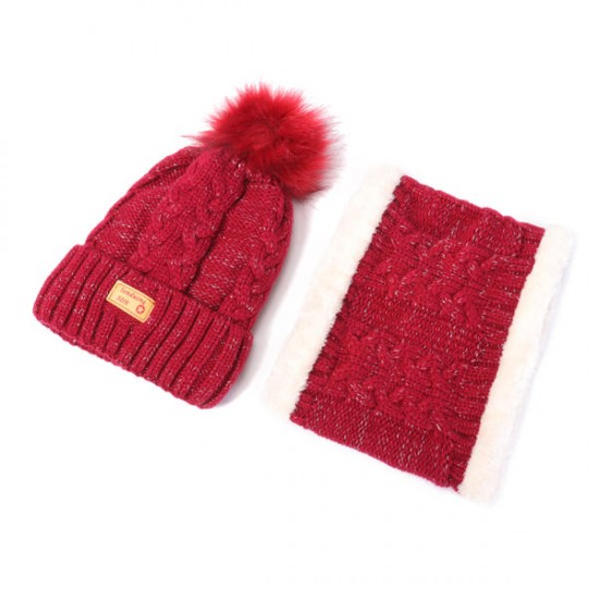 Women Winter Thicken Warm Knitted Hat And Collar Scarf Set Casual Windproof Adjustable Hat