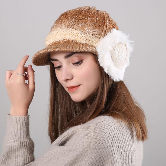 Women Winter Thickened Warm Gradient Knitted Hat Earmuffs Knit Beret Cap