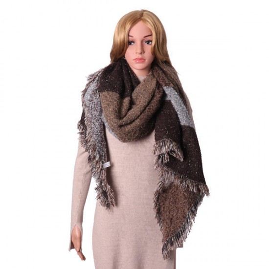 Women Winter Warm  Blanket Grid Cashmere Scarf Tassel Shawl Checked Wrap Stole