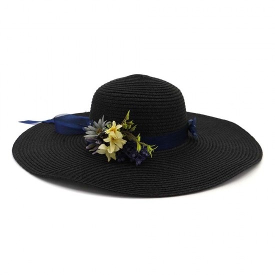 Women With String Foldable Flower Sunscreen Bucket Straw Hat Outdoor Casual Travel Beach Floppy Hat