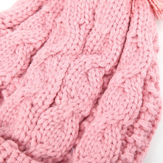 Women Wool Crochet Knitting Hat Plush Lining Ball Winter Warm Braided Ski Beanie Cap