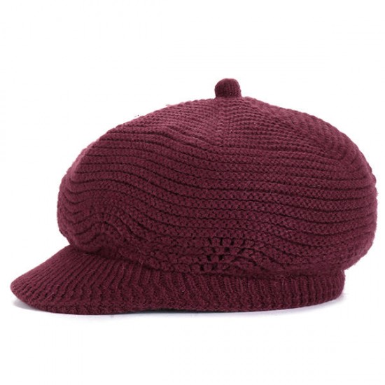 Women Wool Knitted Warm Octagonal Cap Solid Flexible Casual Hats