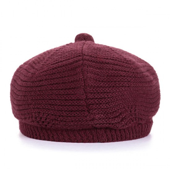 Women Wool Knitted Warm Octagonal Cap Solid Flexible Casual Hats