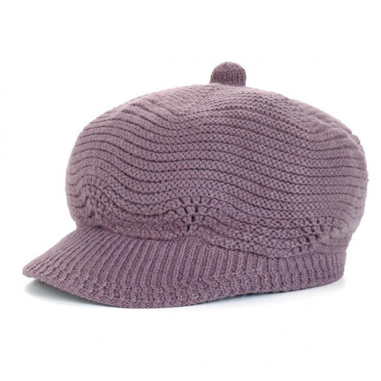 Women Wool Knitted Warm Octagonal Cap Solid Flexible Casual Hats