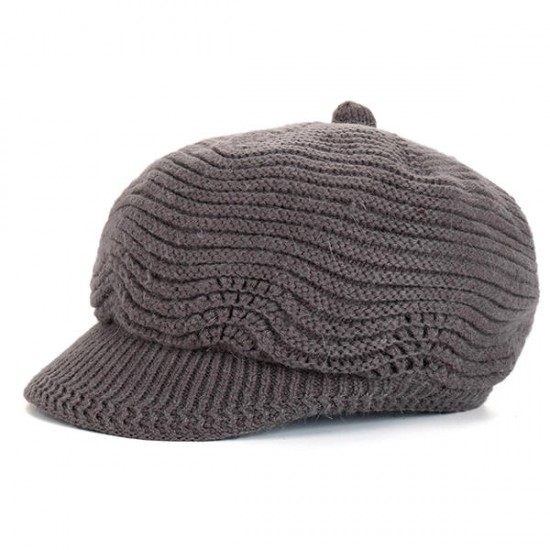 Women Wool Knitted Warm Octagonal Cap Solid Flexible Casual Hats