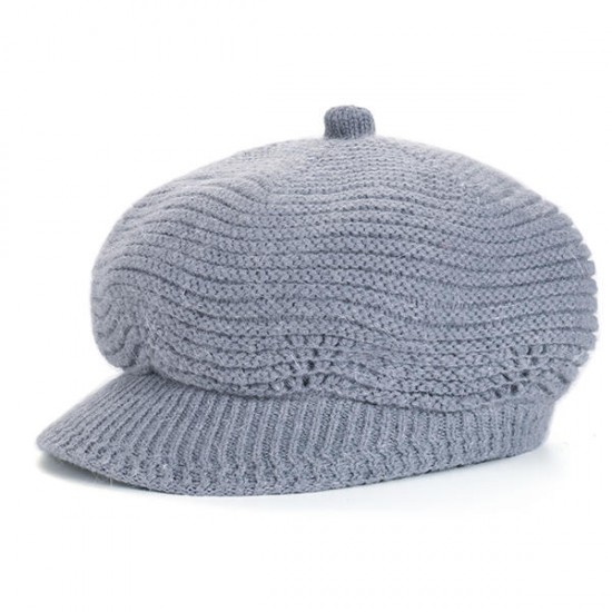 Women Wool Knitted Warm Octagonal Cap Solid Flexible Casual Hats