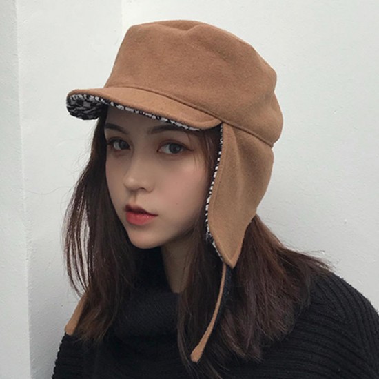 Women Woolen Ear Flaps Trapper Hat Outdoor Cycling Casual Windproof Cap