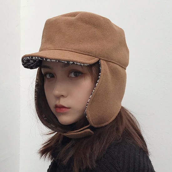 Women Woolen Ear Flaps Trapper Hat Outdoor Cycling Casual Windproof Cap