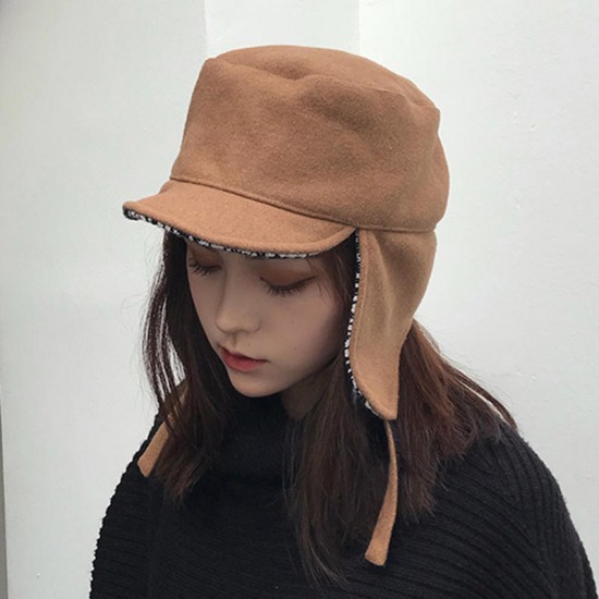 Women Woolen Ear Flaps Trapper Hat Outdoor Cycling Casual Windproof Cap