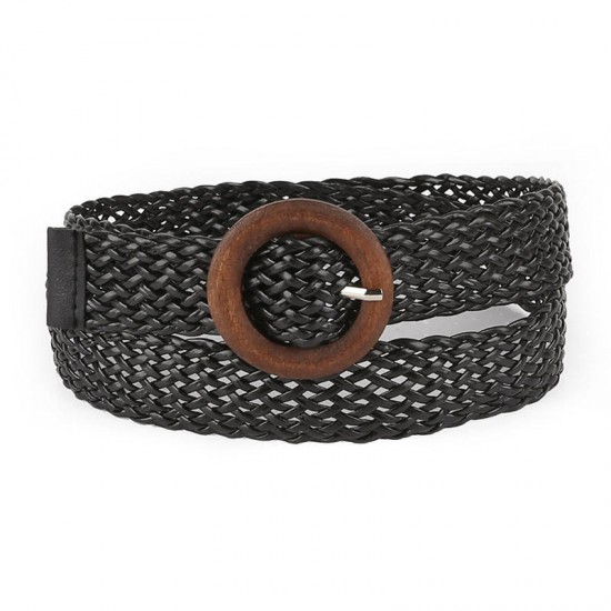 Women Woven Openwork Wide Belt With Ethnic Round Buckle Waist Belt