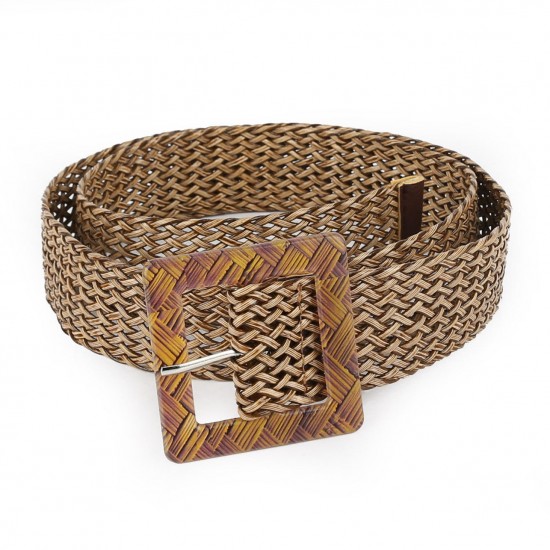 Women Woven Openwork Wide Belt With Ethnic Round Buckle Waist Belt