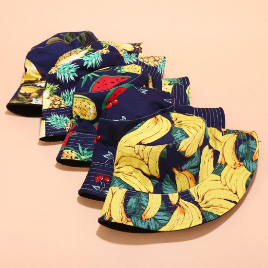 Women & Men Fruit Print And Black Two-Sided Bucket Hat