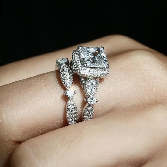 Women's 2Pcs Trendy Zircon Geometric Leaves Ring Set Full Rhinestone Jewelry Gift