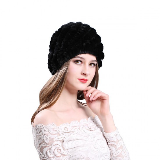 Womens Classic Rex Rabbit Fur Beanie Hats Winter Warm Stripe Head Hooded Hat