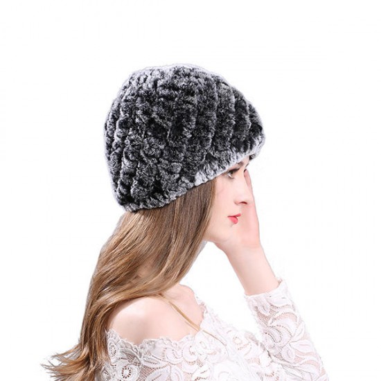 Womens Classic Rex Rabbit Fur Beanie Hats Winter Warm Stripe Head Hooded Hat