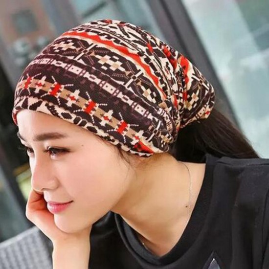 Womens Ethnic Cotton Double Layers Brimless Cap Outdoor Classic Earmuffs Beanie Hats