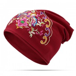 Womens Ethnic Embroidery Slouch Beanie Thin Cotton National Hat Printting Multi-function Turban Cap
