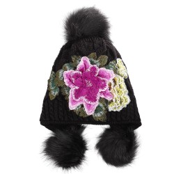 Women's Ethnic Peony Big Flower Embroidery Knit Warm Beanie Hat