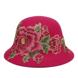 Women's Ethnic Red Peony Bucket Hat Casual Flower Embroidery Cap