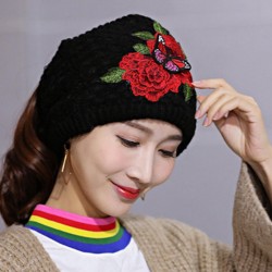 Women's Ethnic Red Peony Embroidery Hair Band Cap Scarf Warm Knitted Ponytail Headband Hat