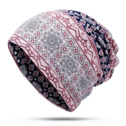 Womens Ethnic Slouchy Beanie Cap Scarf Outdoor Floral Double Layers Cotton Turban