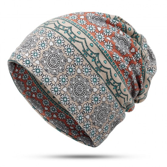 Womens Ethnic Slouchy Beanie Cap Scarf Outdoor Floral Double Layers Cotton Turban