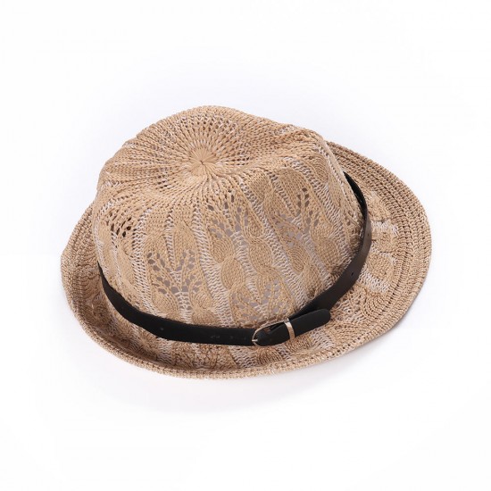 Womens Hollow Out Wide Brim Flat Bucket Cap Vacation Sun Protection Beach Jazz Hat Acrylic