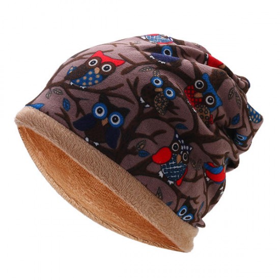 Womens Owl Pattern Slouchy Baggy Beanie Cap Scarf Multi-function Double Layers Windproof Warm Hat