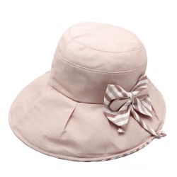 Womens Stripe Sun Protection Beach Bucket Cap Vogue Outdoor Fishing Hat with Bowknot