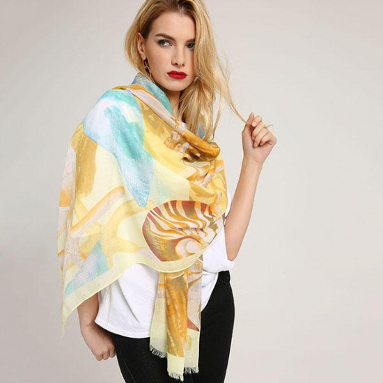 Women's Watercolor Printting Crinkle Scarf Lightweight Breathable Linen Spring Summer Shawl
