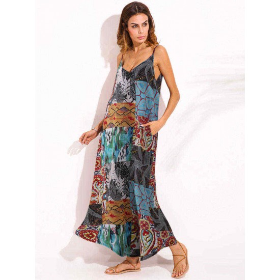 Bohemian Colorful Printed V-Neck Strap Maxi Dress for Women