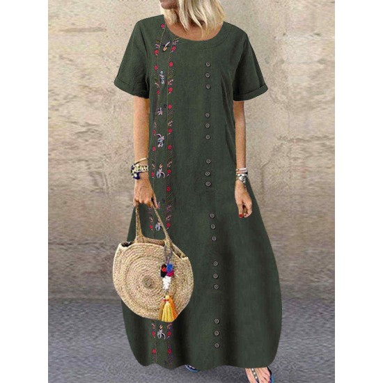 Bohemian Flowers Embroidery Short Sleeve Plus Size Maxi Dress
