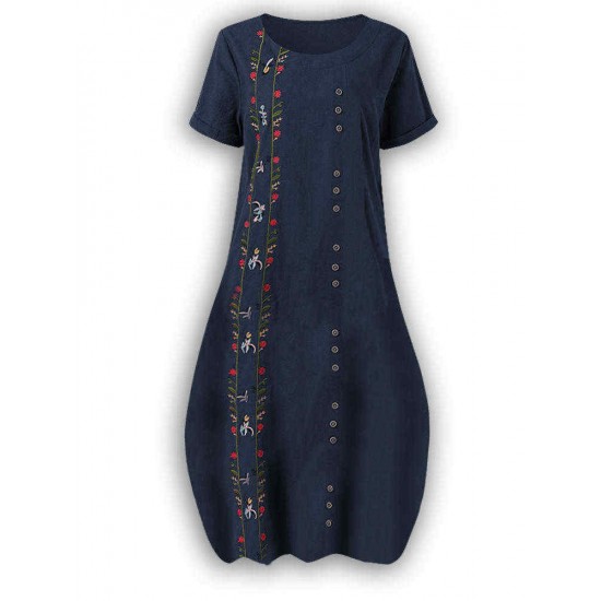 Bohemian Flowers Embroidery Short Sleeve Plus Size Maxi Dress