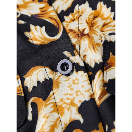 Bohemian Print Lapel Short Sleeve Button Down Front Maxi Dress