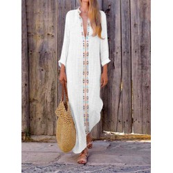 Bohemian Print V-neck Long Sleeve Side Slit Maxi Dress