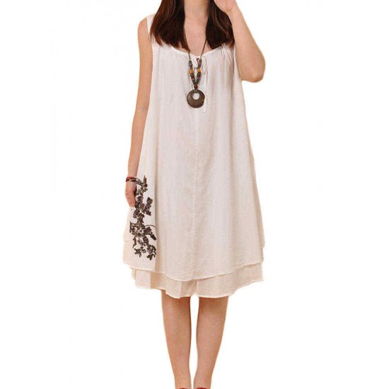 Casual Bow Embroidery Sleeveless Linen Mini Sundress For Women