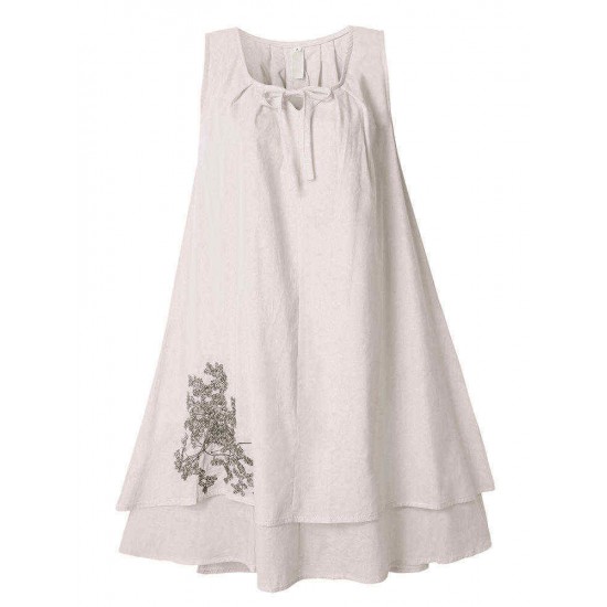 Casual Bow Embroidery Sleeveless Linen Mini Sundress For Women