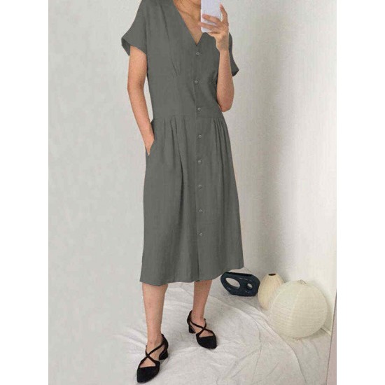 Casual Button Down Front Short Sleeve Dress with Pockets