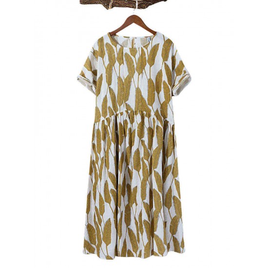 Casual Leaves Print Patch Crew Neck Dress